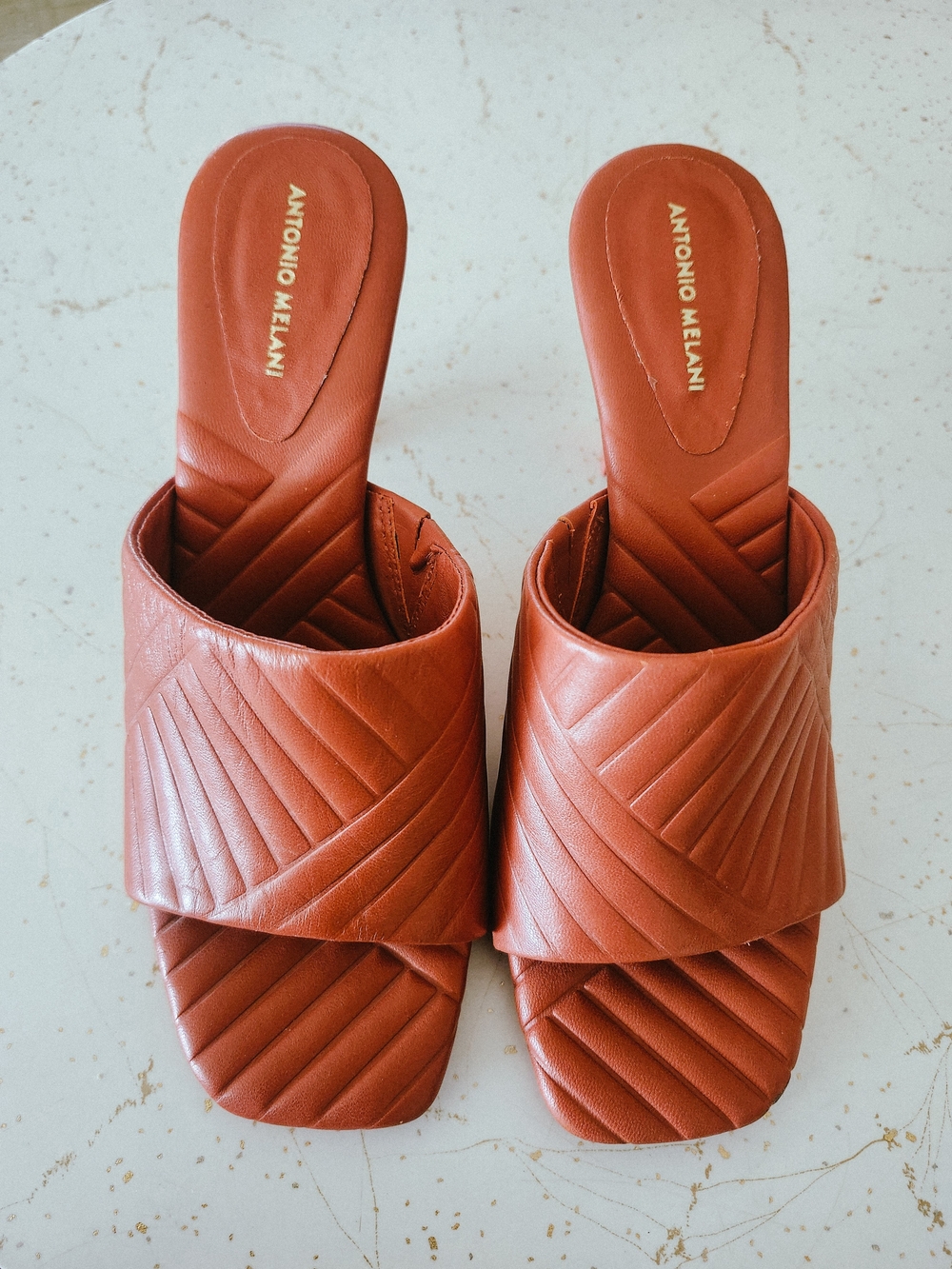 Antonio Melani Women's Leather Slide Mule Heels Cognac Brown 6.5M Square Toe